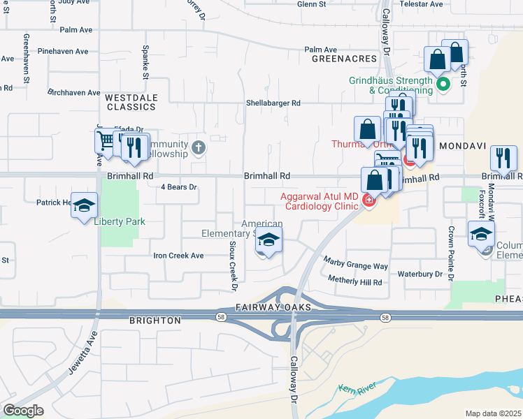 map of restaurants, bars, coffee shops, grocery stores, and more near 10401 Heather Valley Drive in Bakersfield