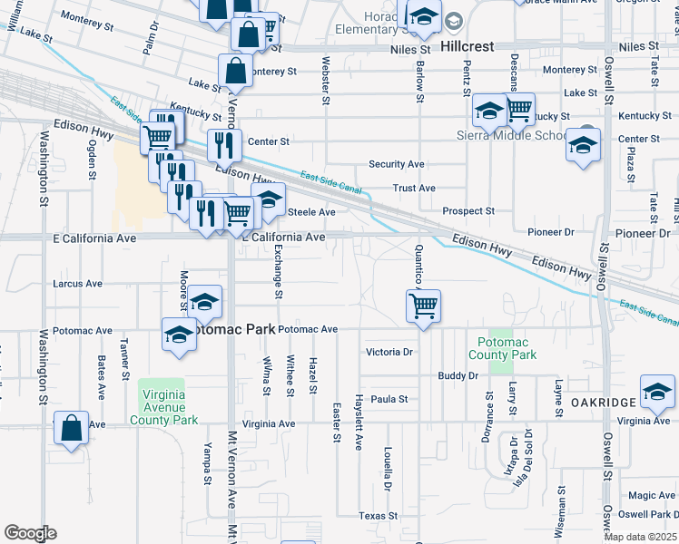 map of restaurants, bars, coffee shops, grocery stores, and more near 1103 Vansite Street in Bakersfield