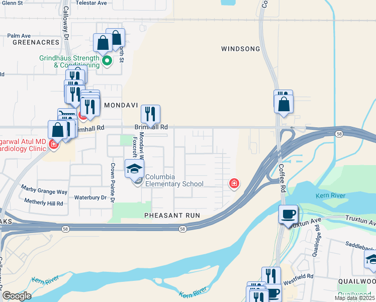 map of restaurants, bars, coffee shops, grocery stores, and more near 1000 Sand Creek Drive in Bakersfield