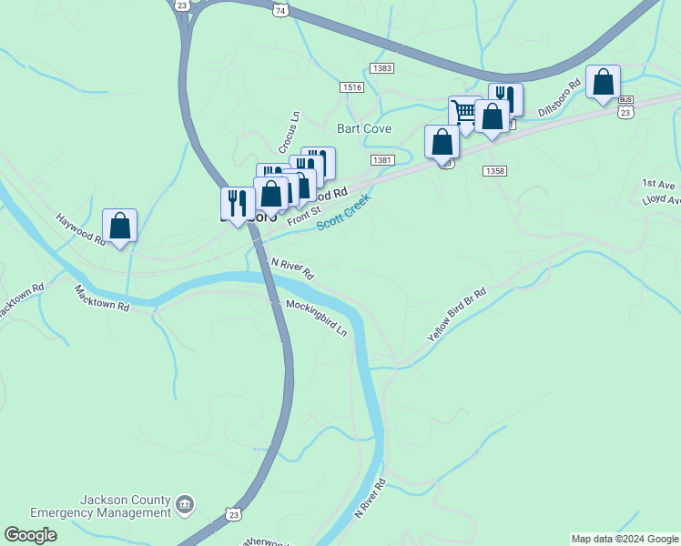 map of restaurants, bars, coffee shops, grocery stores, and more near 146 Reservoir Street in Sylva