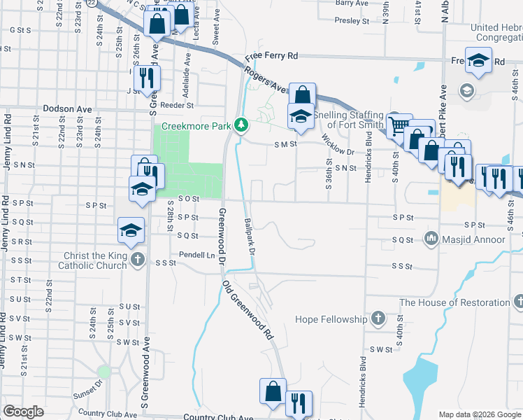map of restaurants, bars, coffee shops, grocery stores, and more near 3201 Leighs Hollow Lane in Fort Smith