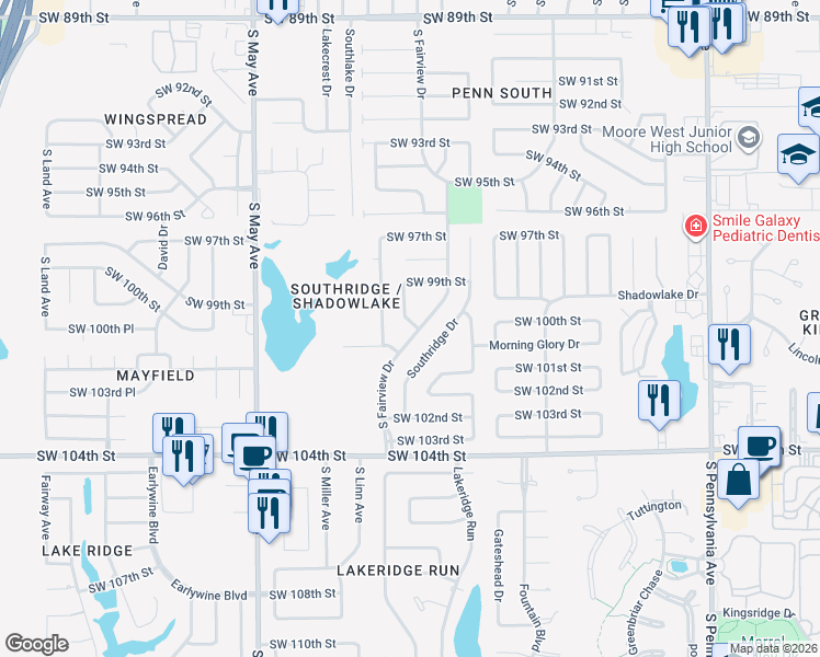 map of restaurants, bars, coffee shops, grocery stores, and more near 10059 South Fairview Drive in Oklahoma City
