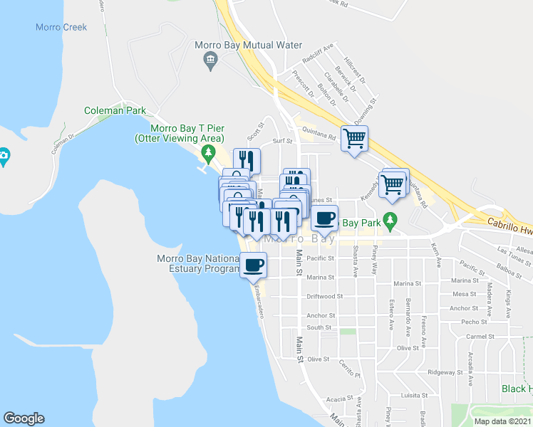 map of restaurants, bars, coffee shops, grocery stores, and more near 225 Harbor Street in Morro Bay