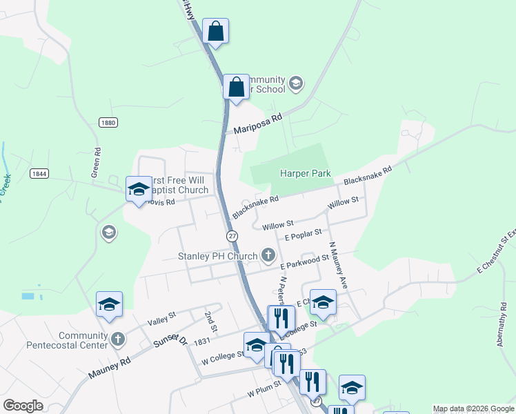 map of restaurants, bars, coffee shops, grocery stores, and more near 112 Blacksnake Road in Stanley
