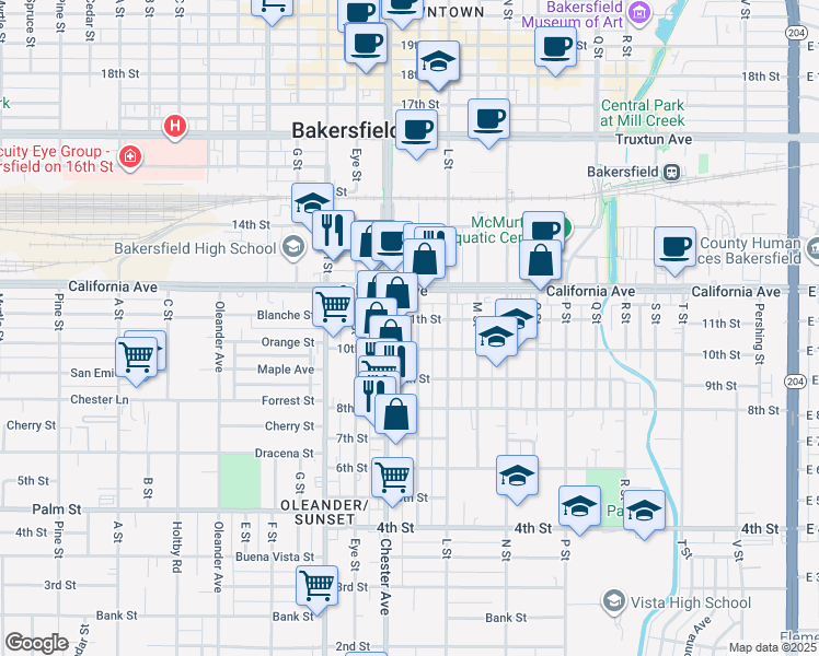 map of restaurants, bars, coffee shops, grocery stores, and more near 1415 11th Street in Bakersfield