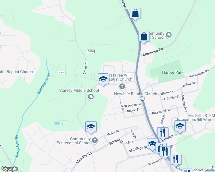 map of restaurants, bars, coffee shops, grocery stores, and more near 317 Hovis Road in Stanley