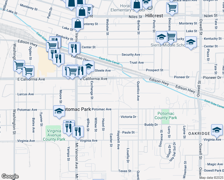 map of restaurants, bars, coffee shops, grocery stores, and more near 1103 Vansite Street in Bakersfield
