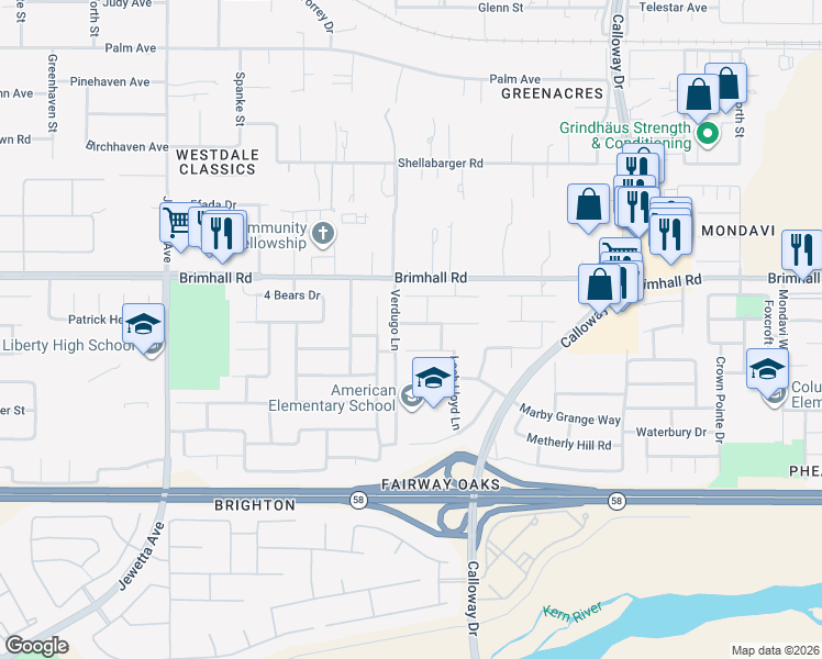 map of restaurants, bars, coffee shops, grocery stores, and more near 10401 Heather Valley Drive in Bakersfield