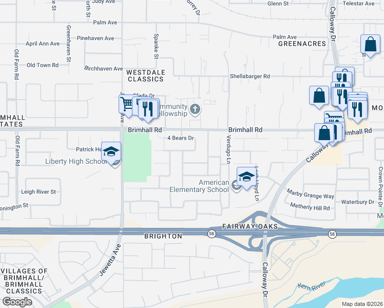 map of restaurants, bars, coffee shops, grocery stores, and more near 10726 Beaver Creek Dr in Bakersfield
