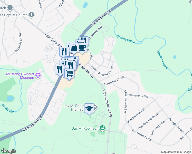 map of restaurants, bars, coffee shops, grocery stores, and more near 3718 Aldeburgh Road Southwest in Concord