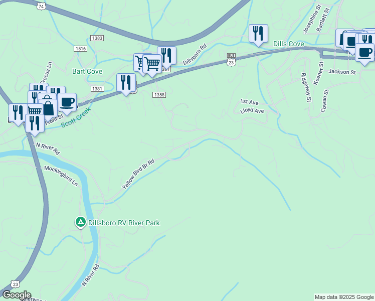 map of restaurants, bars, coffee shops, grocery stores, and more near 23 Brown Leaf Road in Sylva