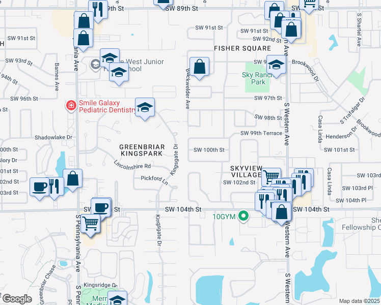 map of restaurants, bars, coffee shops, grocery stores, and more near 1213 Southwest 100th Terrace in Oklahoma City