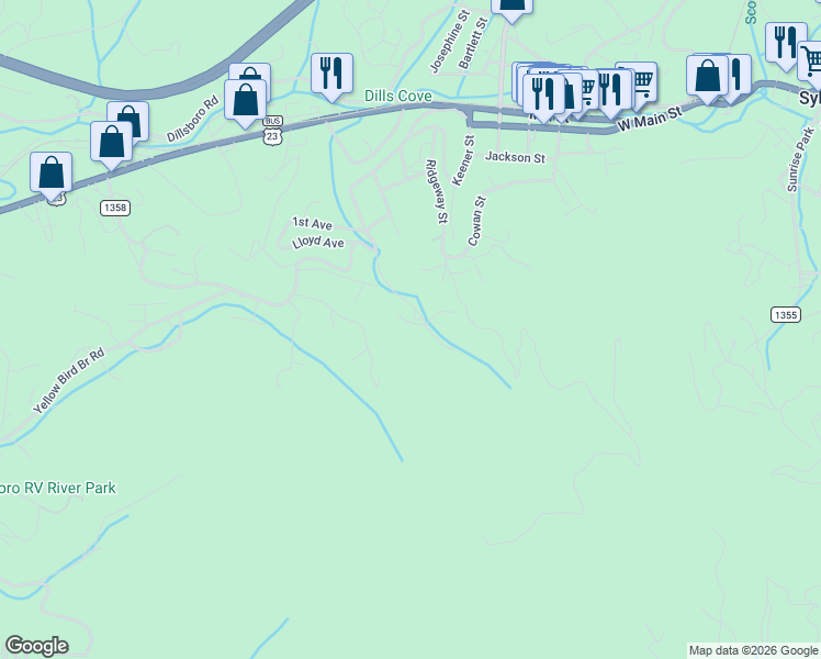 map of restaurants, bars, coffee shops, grocery stores, and more near 218 Laurel Branch Road in Sylva