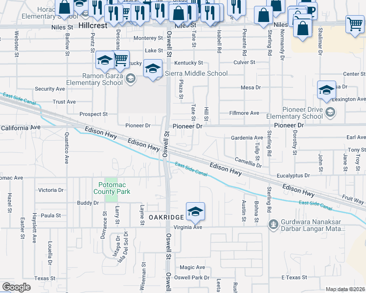 map of restaurants, bars, coffee shops, grocery stores, and more near 721 Oswell Street in Bakersfield