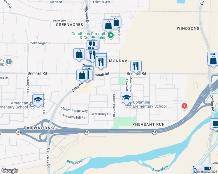 map of restaurants, bars, coffee shops, grocery stores, and more near 904 Woodmont Drive in Bakersfield