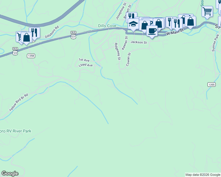 map of restaurants, bars, coffee shops, grocery stores, and more near 218 Laurel Branch Road in Sylva