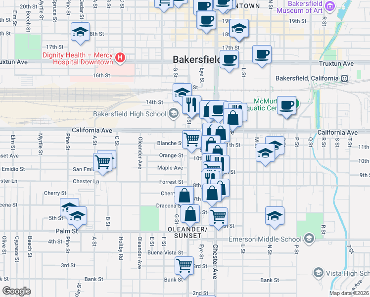 map of restaurants, bars, coffee shops, grocery stores, and more near 1720 Orange Street in Bakersfield