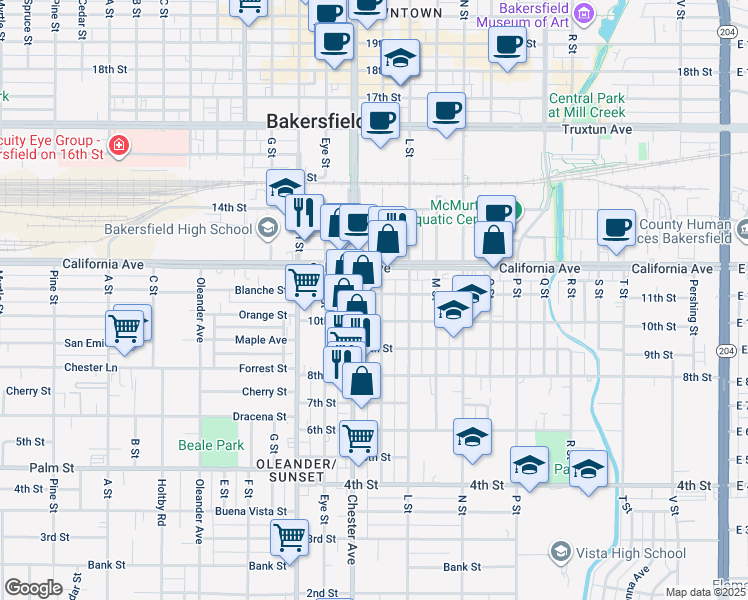 map of restaurants, bars, coffee shops, grocery stores, and more near 1016 K Street in Bakersfield