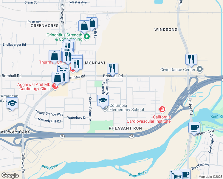 map of restaurants, bars, coffee shops, grocery stores, and more near 9105 Pineridge Way in Bakersfield