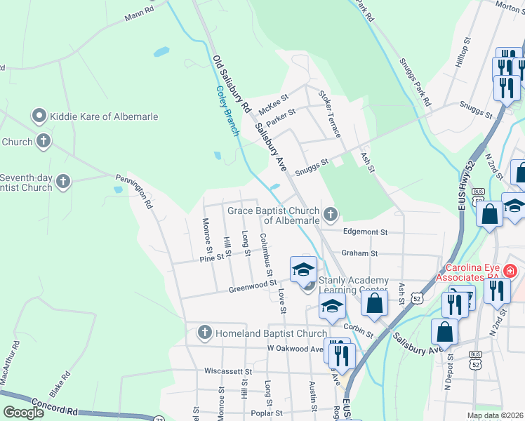 map of restaurants, bars, coffee shops, grocery stores, and more near 1400 Columbus Street in Albemarle