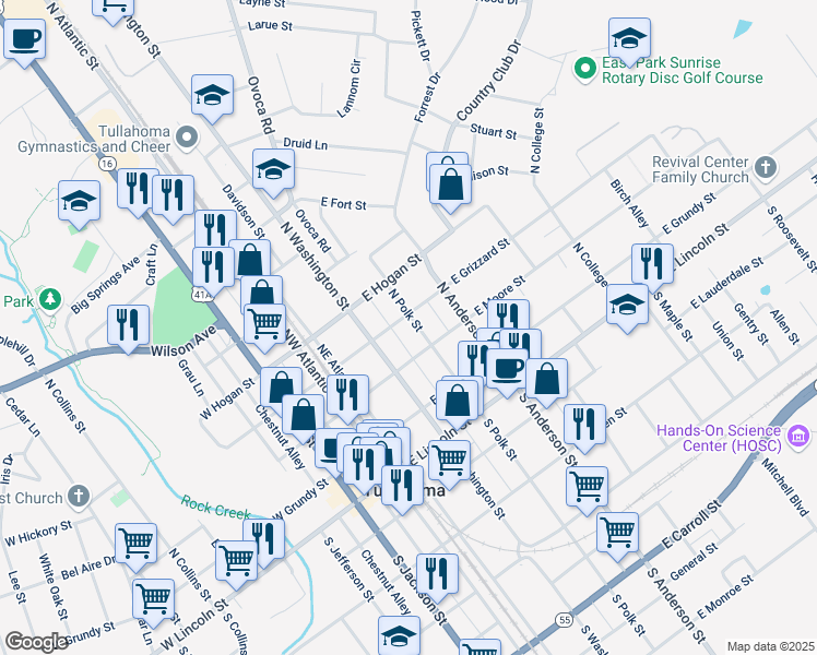map of restaurants, bars, coffee shops, grocery stores, and more near 311 North Polk Street in Tullahoma