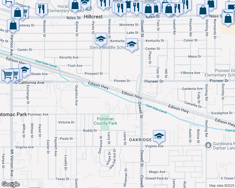 map of restaurants, bars, coffee shops, grocery stores, and more near 2915 Edison Highway in Bakersfield