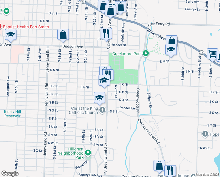 map of restaurants, bars, coffee shops, grocery stores, and more near 1615 South Greenwood Avenue in Fort Smith