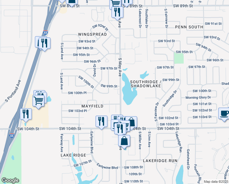 map of restaurants, bars, coffee shops, grocery stores, and more near 10001 South May Avenue in Oklahoma City