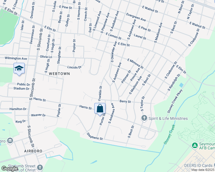 map of restaurants, bars, coffee shops, grocery stores, and more near 1005 South Andrews Avenue in Goldsboro
