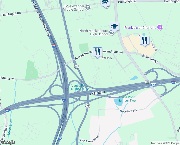 map of restaurants, bars, coffee shops, grocery stores, and more near 10630 Twin Lakes Parkway in Charlotte