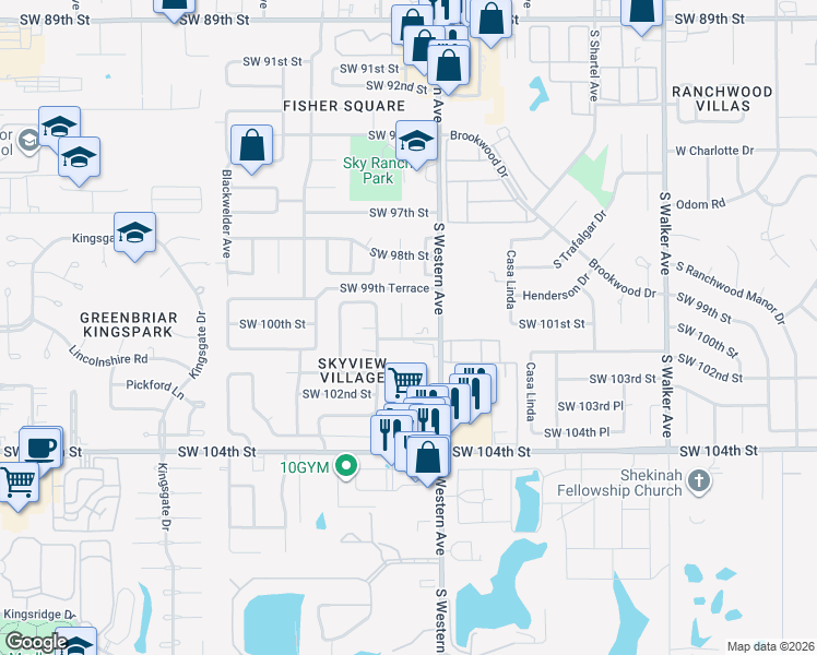 map of restaurants, bars, coffee shops, grocery stores, and more near 10024 South Clegern Street in Oklahoma City
