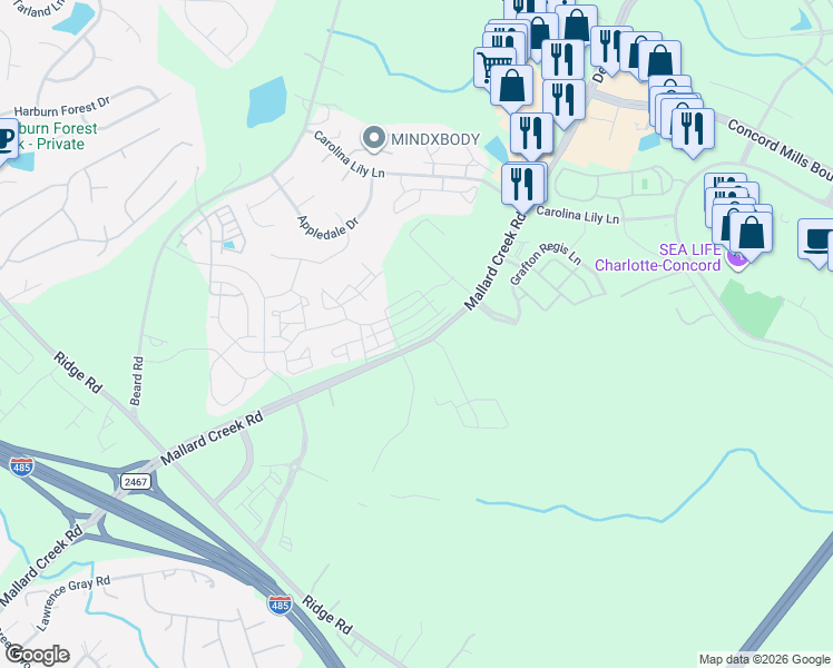 map of restaurants, bars, coffee shops, grocery stores, and more near 2749-2783 Mallard Creek Road in Charlotte