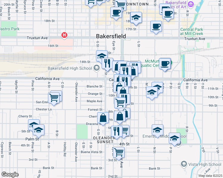 map of restaurants, bars, coffee shops, grocery stores, and more near 1015 Eye Street in Bakersfield