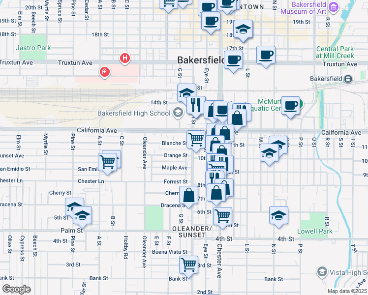 map of restaurants, bars, coffee shops, grocery stores, and more near 1720 Orange Street in Bakersfield