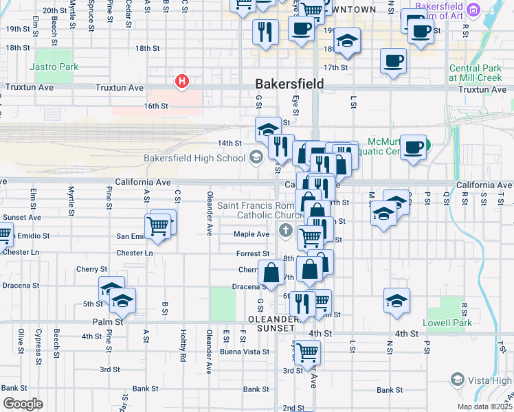 map of restaurants, bars, coffee shops, grocery stores, and more near 1720 Orange Street in Bakersfield