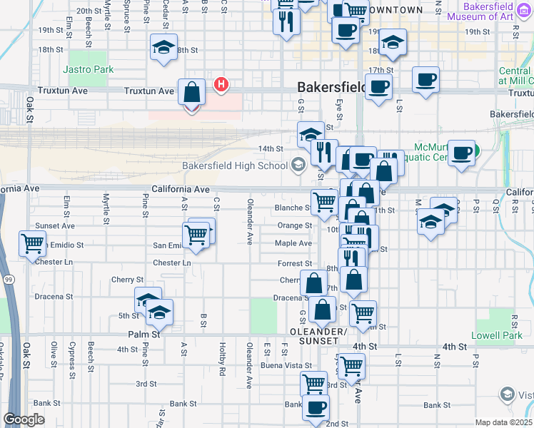 map of restaurants, bars, coffee shops, grocery stores, and more near 1002 Oleander Avenue in Bakersfield