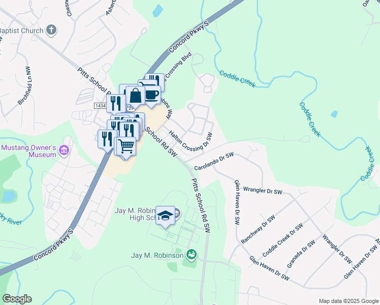 map of restaurants, bars, coffee shops, grocery stores, and more near 256 Halton Crossing Drive Southwest in Concord