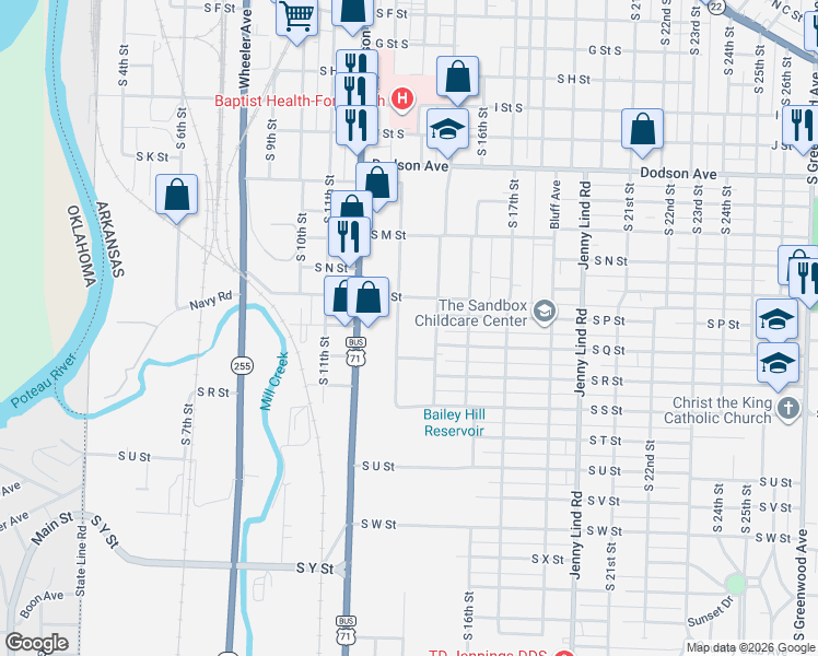 map of restaurants, bars, coffee shops, grocery stores, and more near 1712 Lexington Avenue in Fort Smith