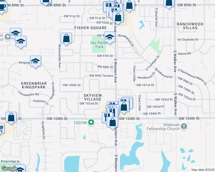 map of restaurants, bars, coffee shops, grocery stores, and more near 10024 South Clegern Street in Oklahoma City