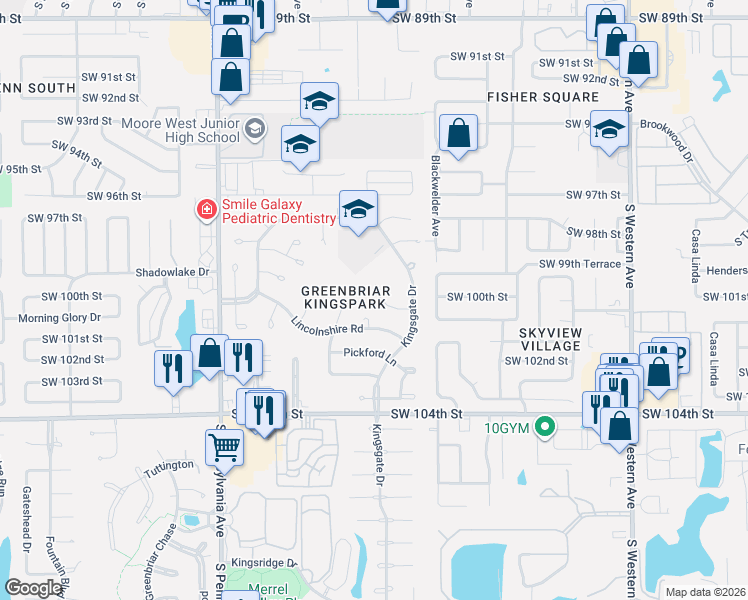 map of restaurants, bars, coffee shops, grocery stores, and more near 1330 Lowrie Lane in Oklahoma City