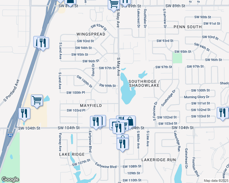map of restaurants, bars, coffee shops, grocery stores, and more near 10001 South May Avenue in Oklahoma City