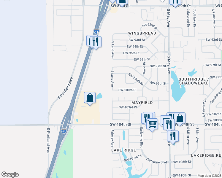 map of restaurants, bars, coffee shops, grocery stores, and more near 3220 Southwest 100th Place in Oklahoma City