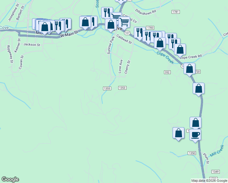 map of restaurants, bars, coffee shops, grocery stores, and more near 627 Sunrise Park in Sylva