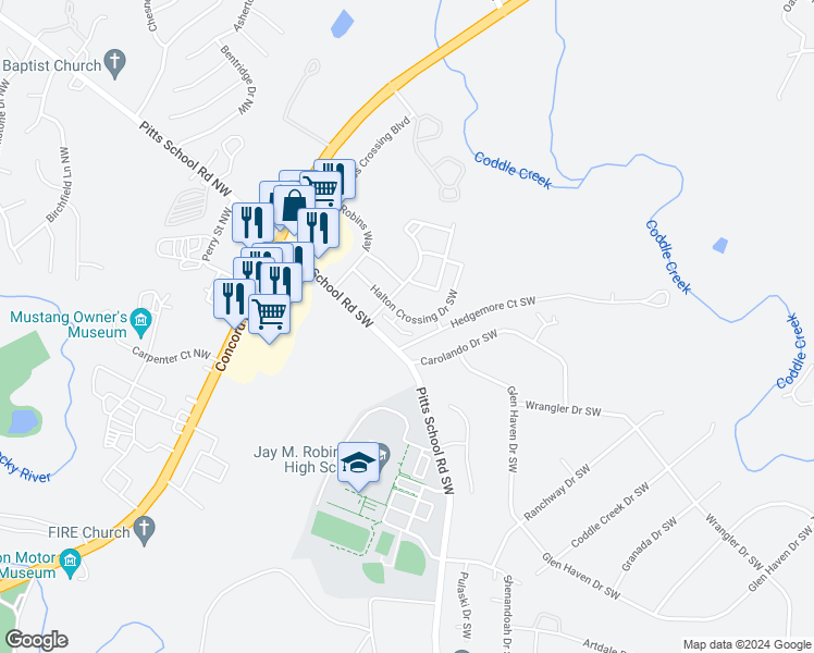 map of restaurants, bars, coffee shops, grocery stores, and more near 244 Halton Crossing Drive Southwest in Concord