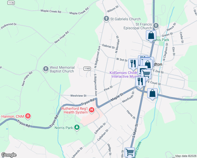 map of restaurants, bars, coffee shops, grocery stores, and more near 140 South Hillside Street in Rutherfordton