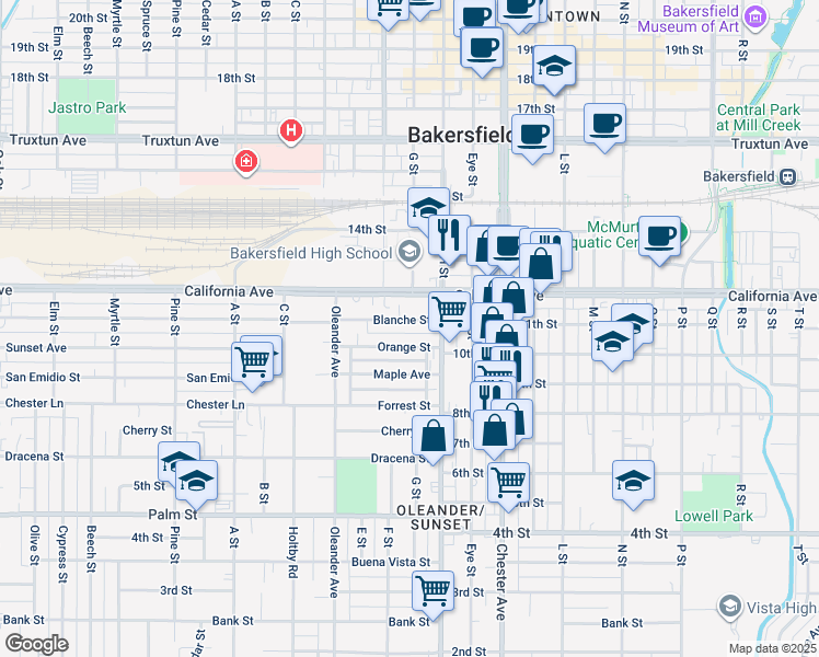 map of restaurants, bars, coffee shops, grocery stores, and more near 1720 Orange Street in Bakersfield