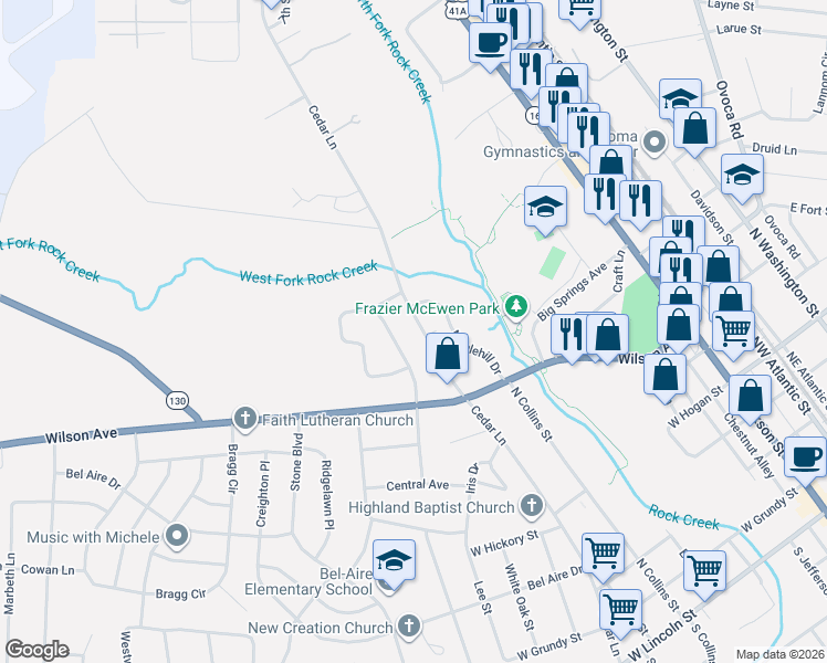 map of restaurants, bars, coffee shops, grocery stores, and more near 904 1st Avenue in Tullahoma