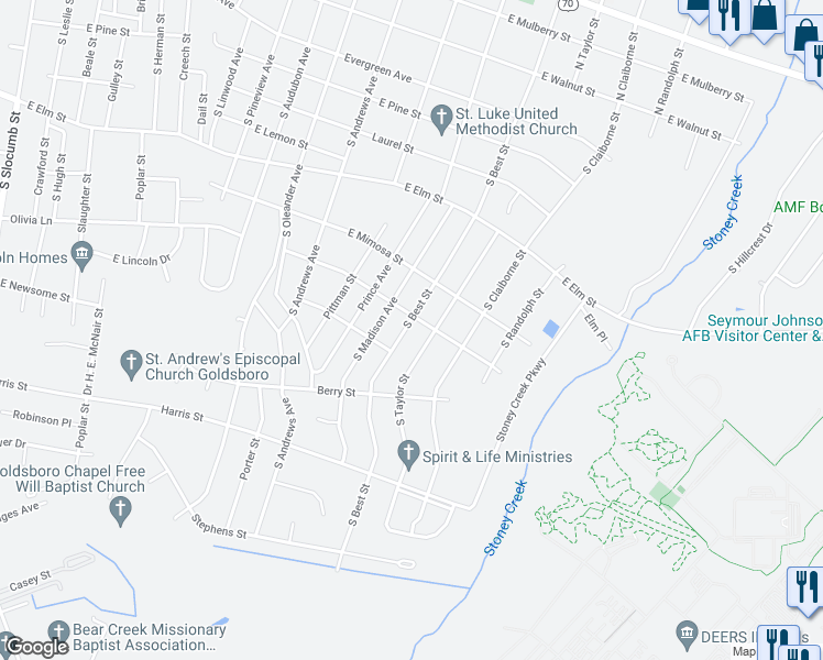 map of restaurants, bars, coffee shops, grocery stores, and more near 802 South Best Street in Goldsboro