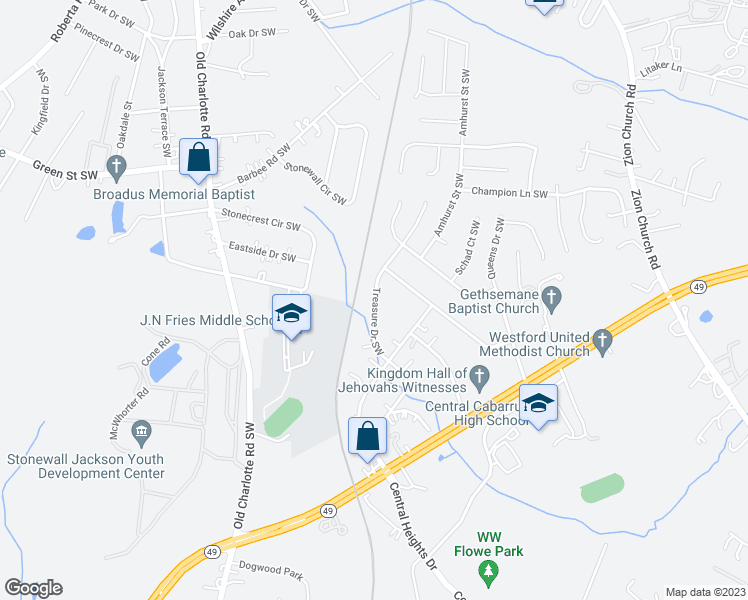 map of restaurants, bars, coffee shops, grocery stores, and more near 743 Treasure Drive Southwest in Concord