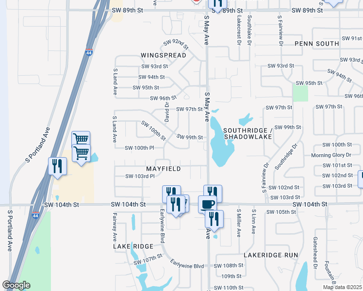map of restaurants, bars, coffee shops, grocery stores, and more near 3008 Southwest 100th Street in Oklahoma City